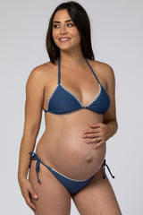 Blue Contrast Stitched Halter Tie Bikini Maternity Set