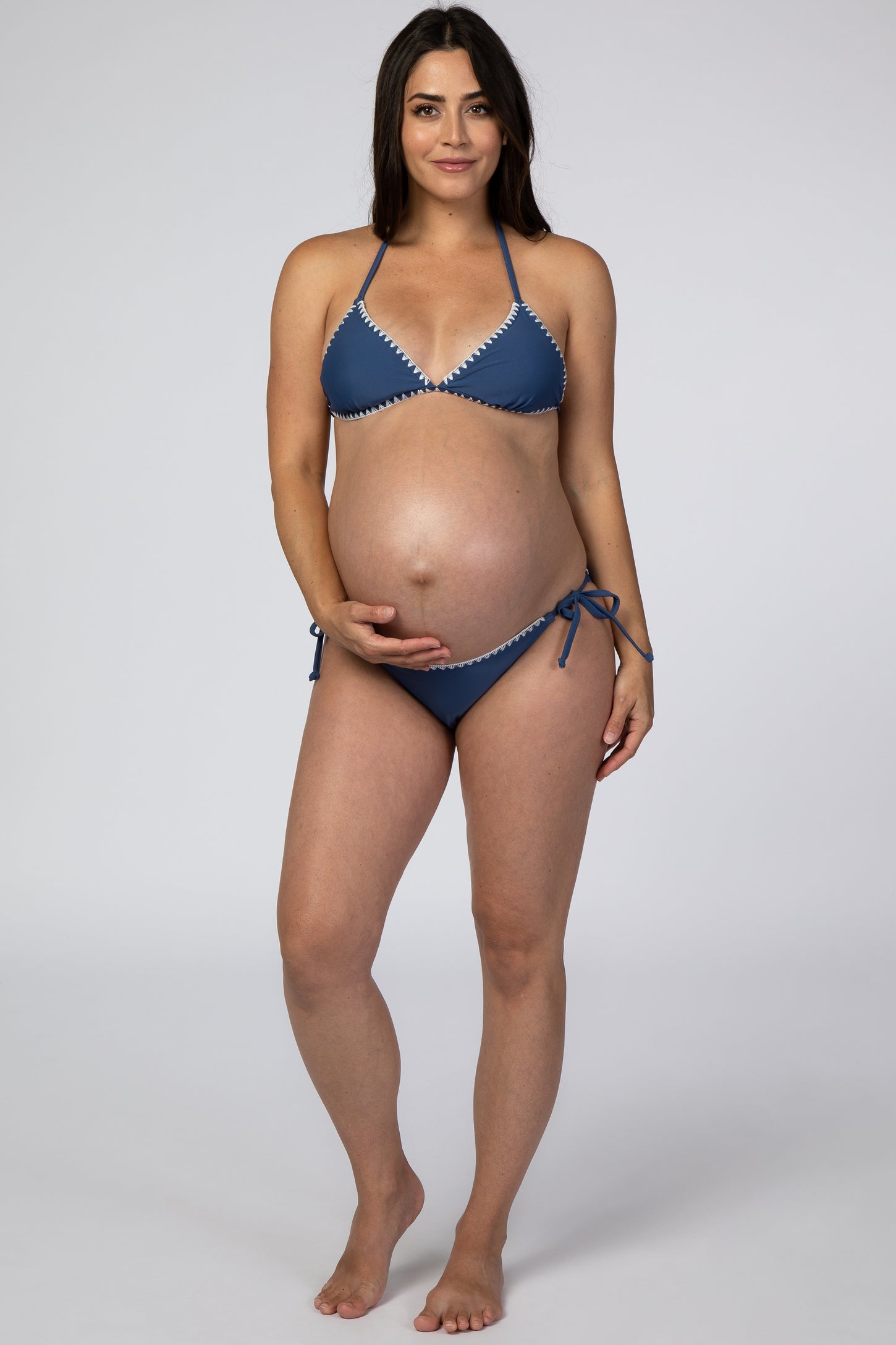 Blue Contrast Stitched Halter Tie Bikini Maternity Set