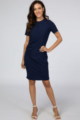 Navy Ribbed Ruched Side Fitted Short Sleeve Maternity Dress
