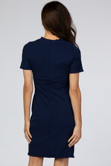 Navy Ribbed Ruched Side Fitted Short Sleeve Dress