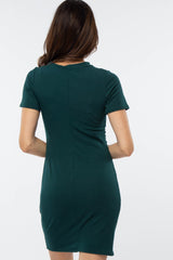 Forest Green Ribbed Ruched Side Fitted Short Sleeve Dress