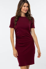 Burgundy Ribbed Ruched Side Fitted Short Sleeve Maternity Dress