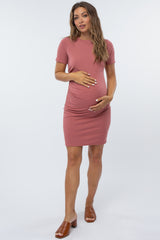 Mauve Ribbed Ruched Side Fitted Short Sleeve Maternity Dress