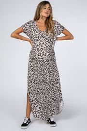 Taupe Leopard Print Curved Hem Maternity Maxi Dress