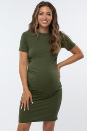 Olive Ribbed Ruched Side Fitted Short Sleeve Maternity Dress