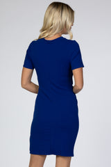 Royal Blue Ribbed Ruched Side Fitted Short Sleeve Dress