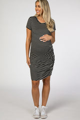 Black Striped Wrap Maternity T-Shirt Dress