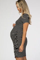 Black Striped Wrap Maternity T-Shirt Dress