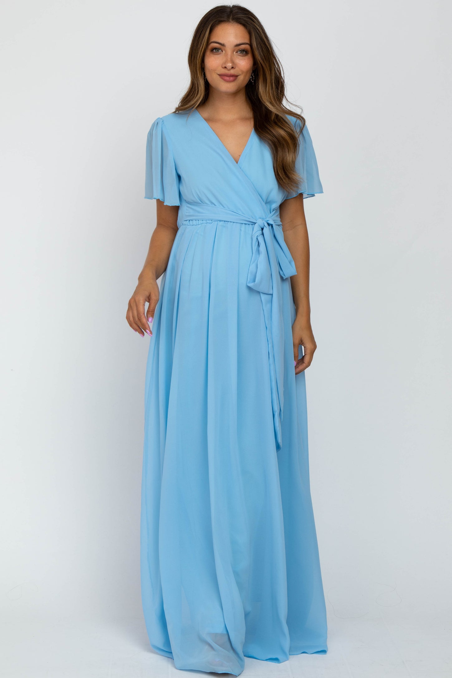 Light Blue Chiffon Short Sleeve Maternity Maxi Dress– PinkBlush