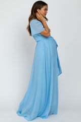 Light Blue Chiffon Short Sleeve Maternity Maxi Dress