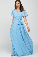 Light Blue Chiffon Short Sleeve Maternity Maxi Dress