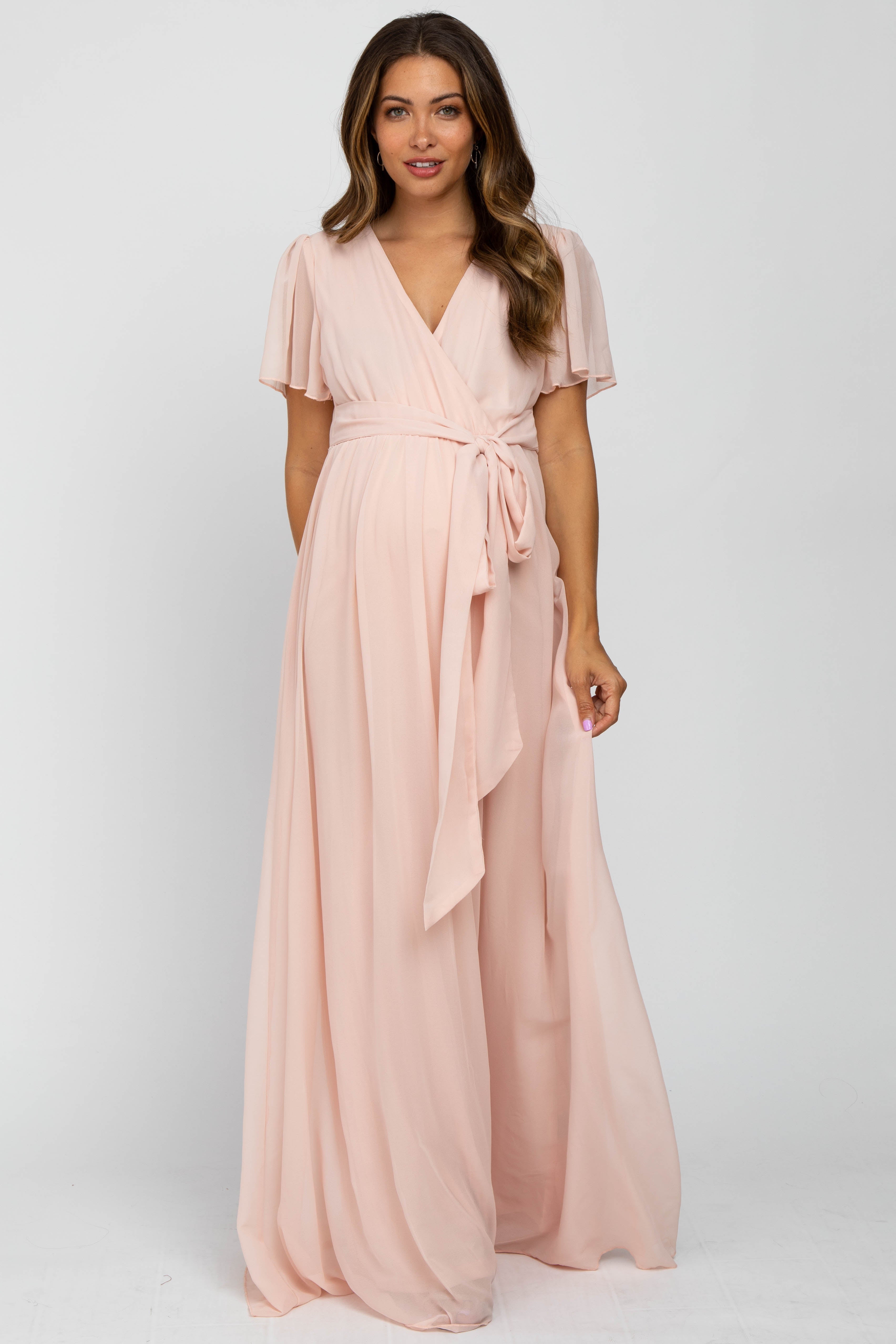 light pink dress short sleeve Light Pink Woven Short Sleeve Bow Tie Mini Dress