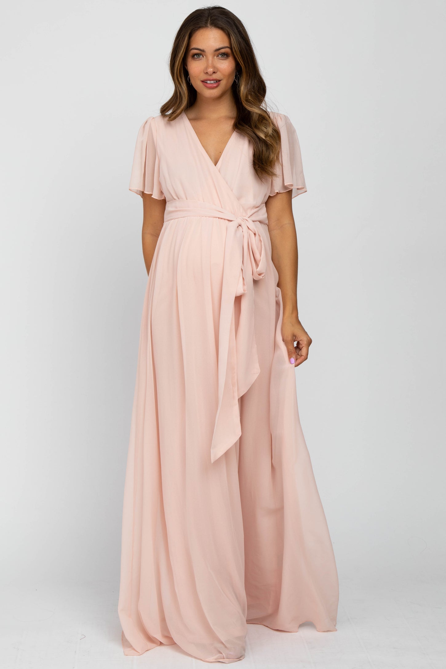 pink chiffon maternity dress Pinkblush Light Pink Chiffon Long Sleeve Pleated Plus Maternity Maxi Dress 1X