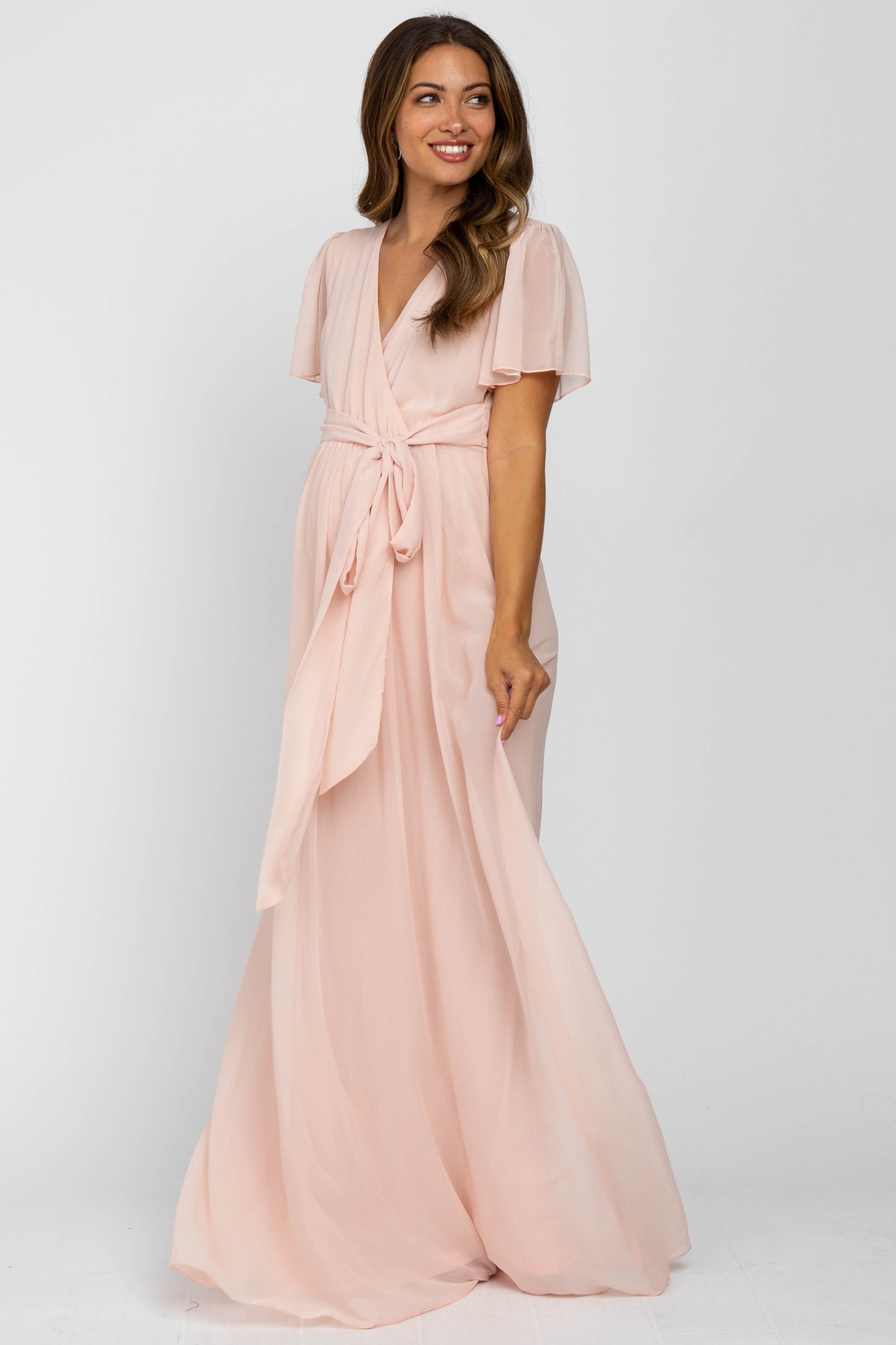 Light Pink Chiffon Short Sleeve Maternity Maxi Dress