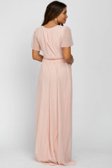 Light Pink Chiffon Short Sleeve Maternity Maxi Dress