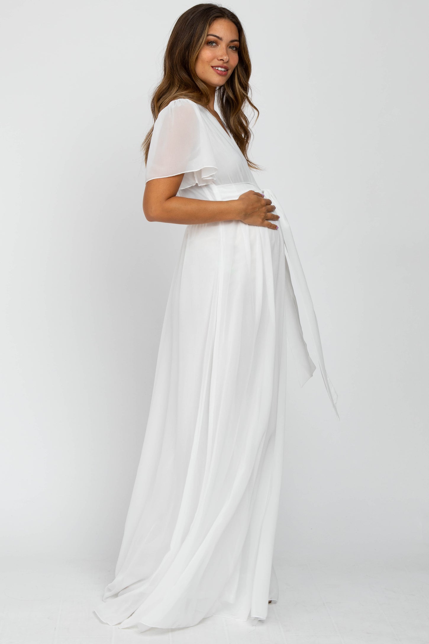White Chiffon Short Sleeve Maternity Maxi Dress – PinkBlush