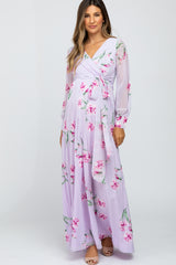 Lavender Floral Chiffon Long Sleeve Pleated Maternity Maxi Dress