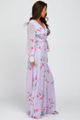 Lavender Floral Chiffon Long Sleeve Pleated Maxi Dress
