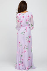 Lavender Floral Chiffon Long Sleeve Pleated Maxi Dress