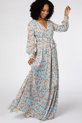 Blue Floral Chiffon Maxi Dress