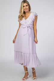 Lavender Embroidered Waist Tie Ruffle Maternity Midi Dress