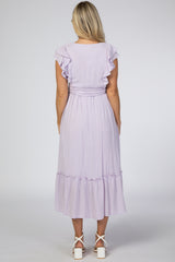 Lavender Embroidered Waist Tie Ruffle Maternity Midi Dress