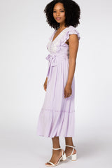 Lavender Embroidered Waist Tie Ruffle Midi Dress