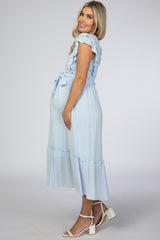 Light Blue Embroidered Waist Tie Ruffle Maternity Midi Dress
