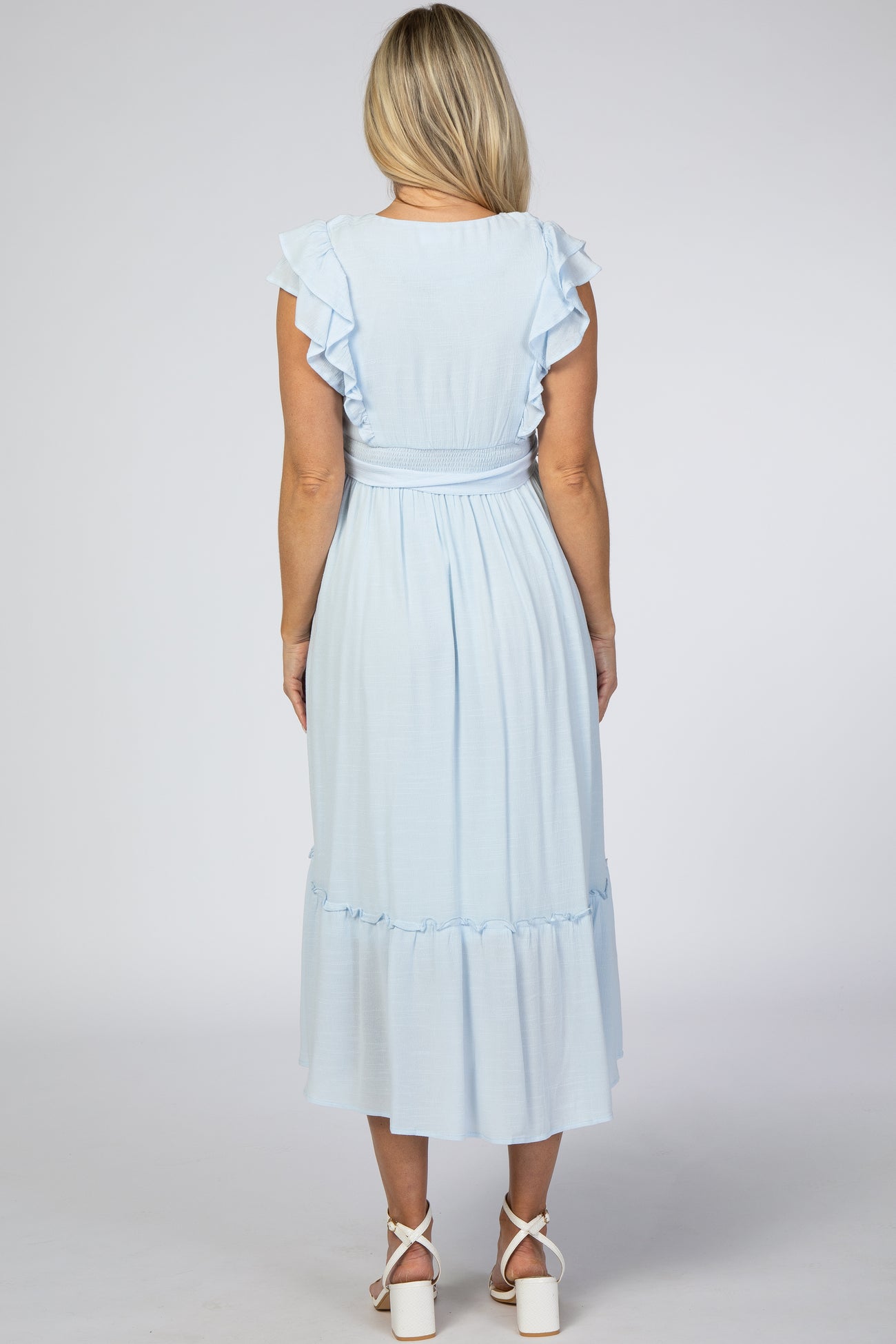 Light Blue Embroidered Waist Tie Ruffle Maternity Midi Dress– PinkBlush