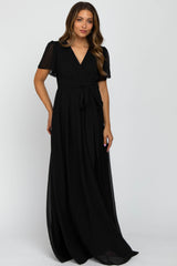 Black Chiffon Short Sleeve Maternity Maxi Dress