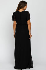 Black Chiffon Short Sleeve Maternity Maxi Dress