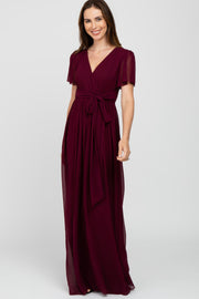 Burgundy Chiffon Short Sleeve Maxi Dress