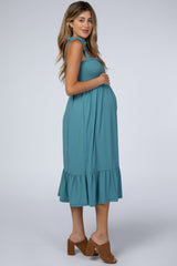 Teal Self-Tie Smocked Maternity Midi Dress