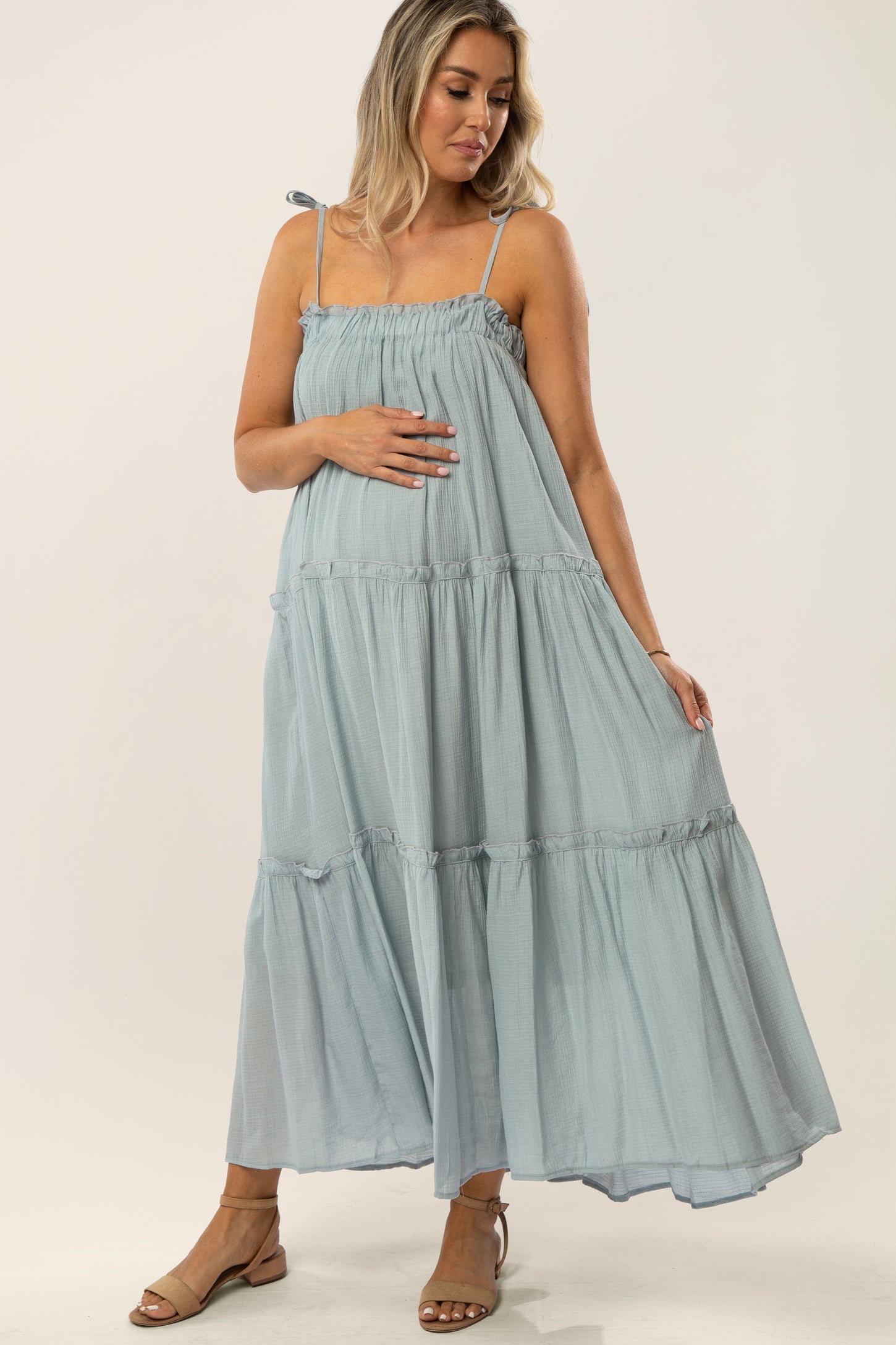 Light Blue Tie Strap Ruffle Maternity Maxi Dress