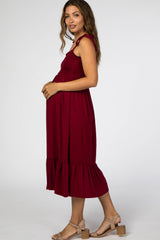 Burgundy Self-Tie Smocked Maternity Midi Dress