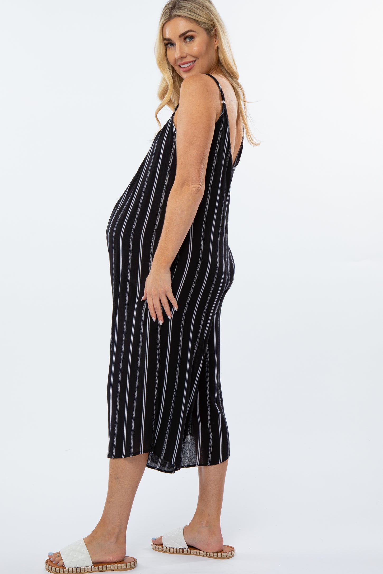 Black Striped Crop Maternity Jumpsuit