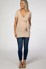 Taupe Wrap Front Tie Maternity/Nursing Top