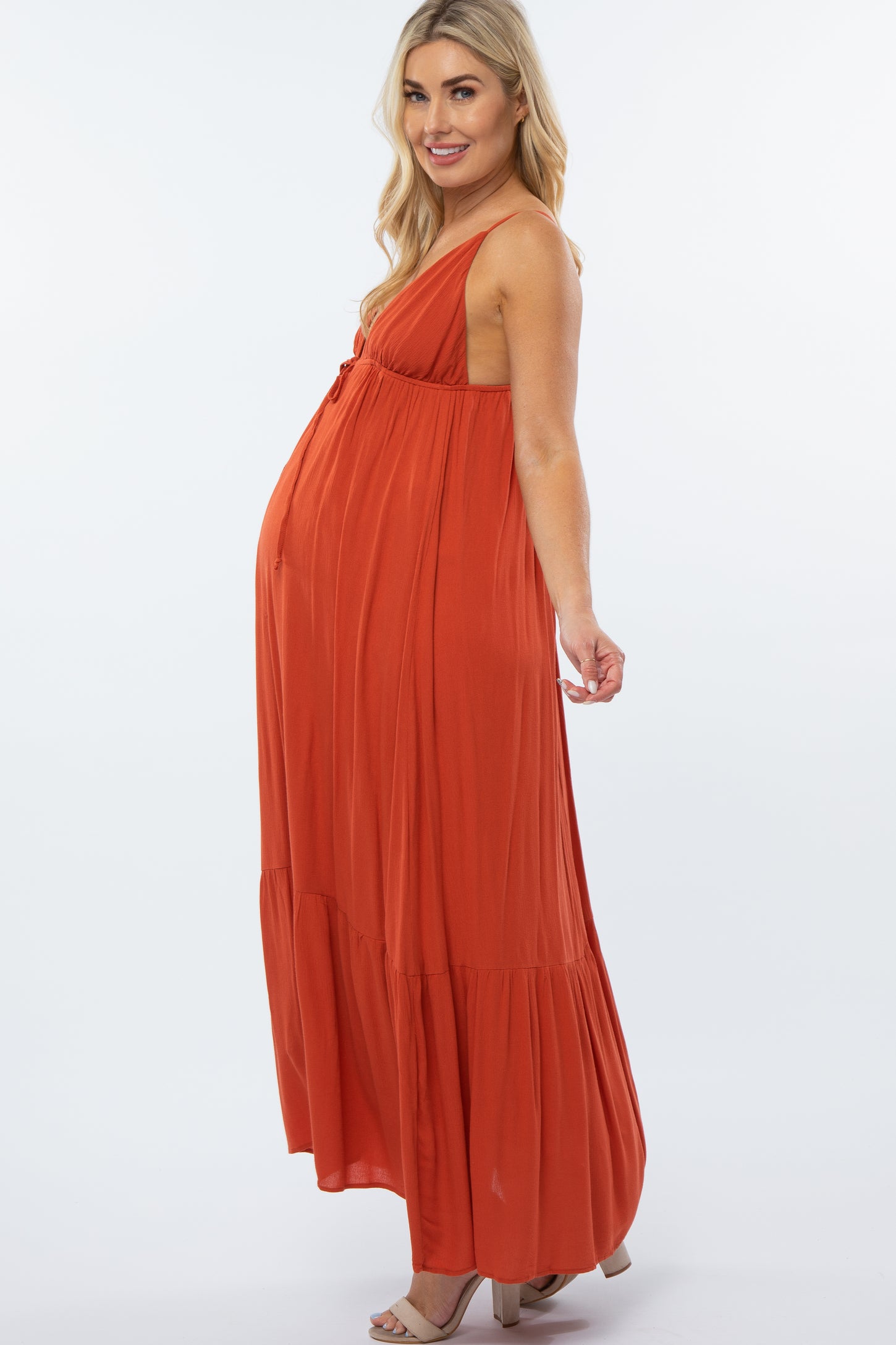 Rust Deep V-Neckline Maternity Maxi Dress