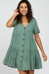 Green Leaf Print Button Front Dress