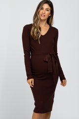 Brown Tie Front Maternity Sweater Midi Dress