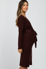 Brown Tie Front Maternity Sweater Midi Dress