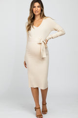 Beige Tie Front Maternity Sweater Midi Dress