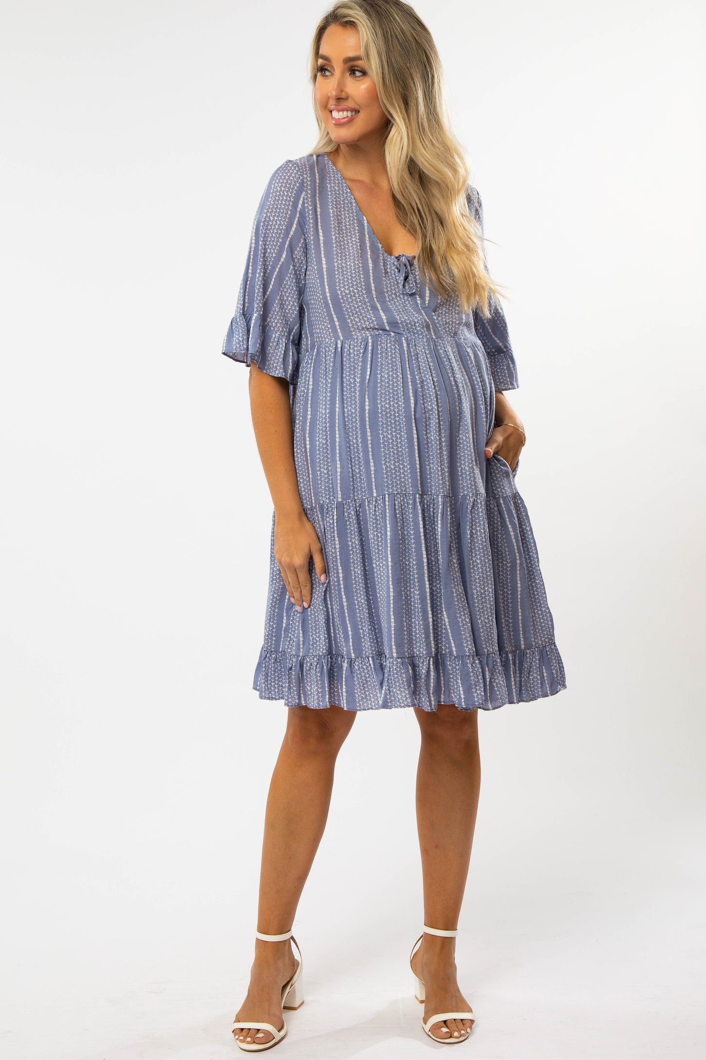 Blue Striped Leaf Print Maternity Dress
