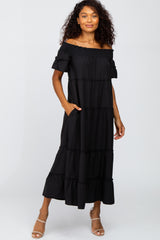 Black Off Shoulder Tiered Maternity Maxi Dress