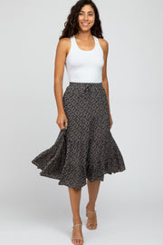 Black Floral Print Pleated Tier Midi Skirt