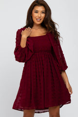 Burgundy Textured Dot Smocked Square Neck Chiffon Dress