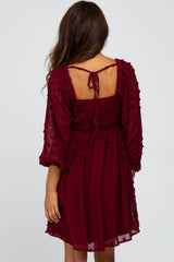 Burgundy Textured Dot Smocked Square Neck Chiffon Dress