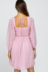 Pink Textured Dot Smocked Square Neck Chiffon Maternity Dress