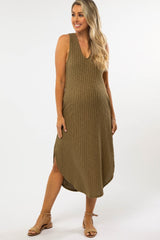 Olive Ribbed V-Neck Round Hem Maternity Midi Dress