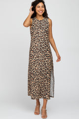 Brown Animal Print Ribbed Side Slit Maxi Dress